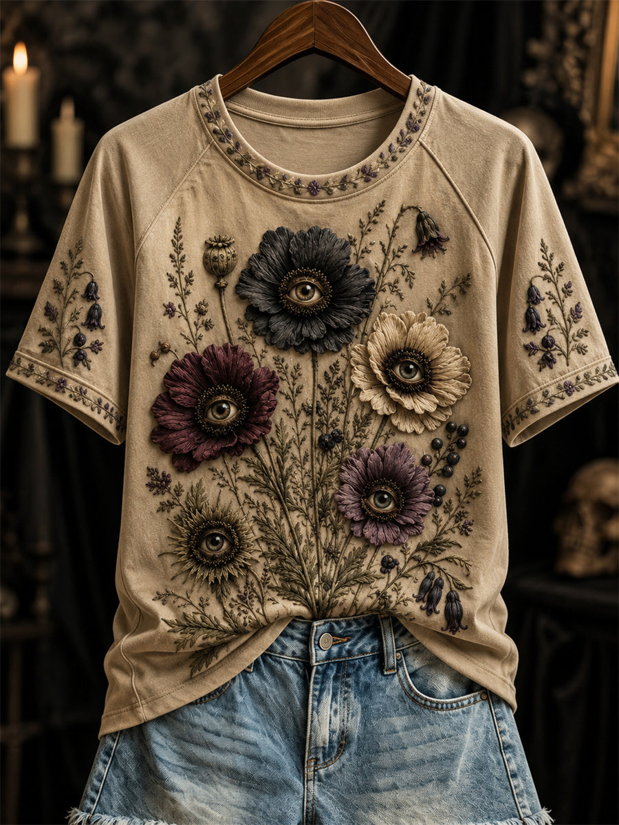 Women's Vintage Gothic Flowers with Eyes Art Print short sleeve T-shirt