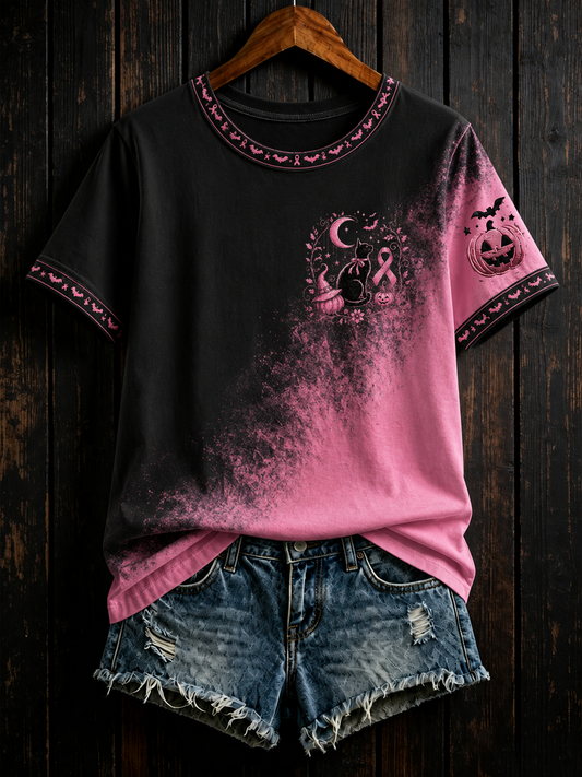 Women's Breast cancer Halloween print short-sleeved T-shirt
