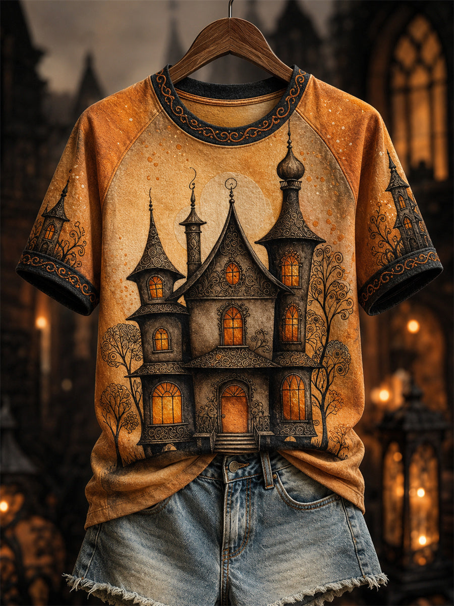 Women's Halloween Witch's House Art Gothic Print short sleeve T-shirt