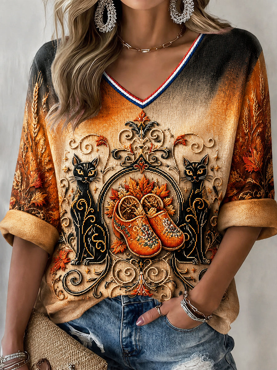 Women’s Dutch Halloween Cat Gradient Print V-neck T-shirt