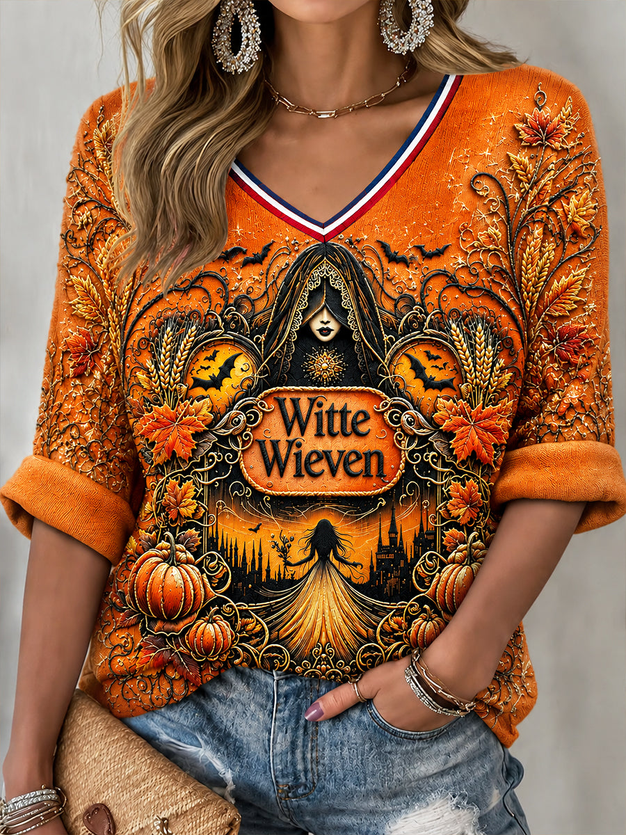 Women’s Dutch Halloween Ghost Print V-neck T-shirt