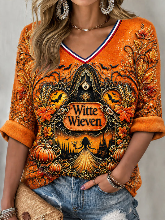 Women’s Dutch Halloween Ghost Print V-neck T-shirt