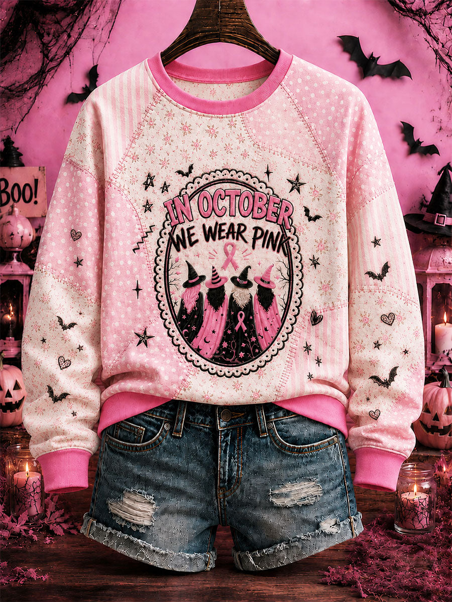 Women's In October We Wear Pink Halloween Pink Witch Print Breast Cancer Awareness Support Regular Sweatshirt