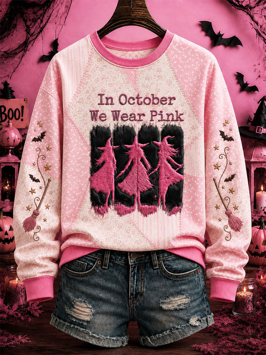 Women's In October We Wear Pink Halloween Pink Witch Print Breast Cancer Awareness Support Regular Sweatshirt