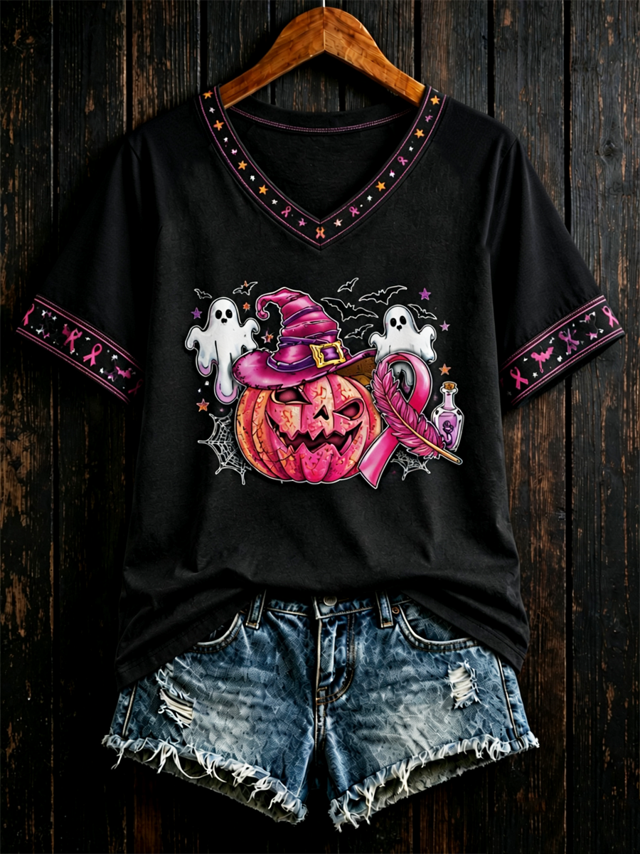 Women's Breast cancer Halloween print short-sleeved T-shirt