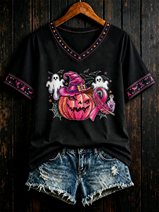 Women's Breast cancer Halloween print short-sleeved T-shirt