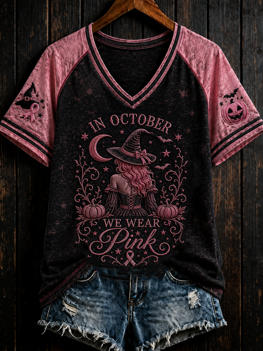 Women's in october we wear pink V-neck off-shoulder short-sleeved T-shirt