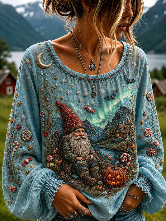 Women's Norwegian Halloween Elf World Pattern Print T-Shirt