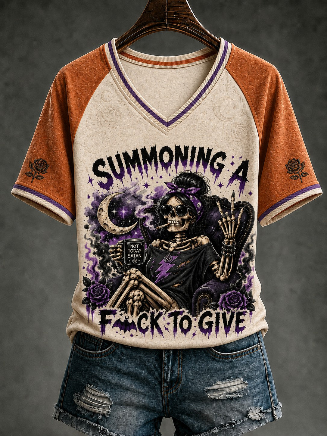 Women's Summoning A Fck to Give Gothic Printed V-neck T-shirt