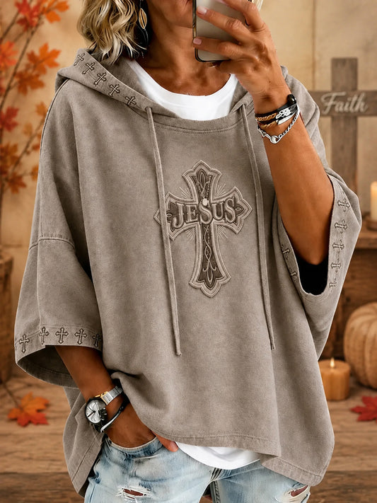 Women's Retro  Christian Jesus Cross Drawstring Hoodie
