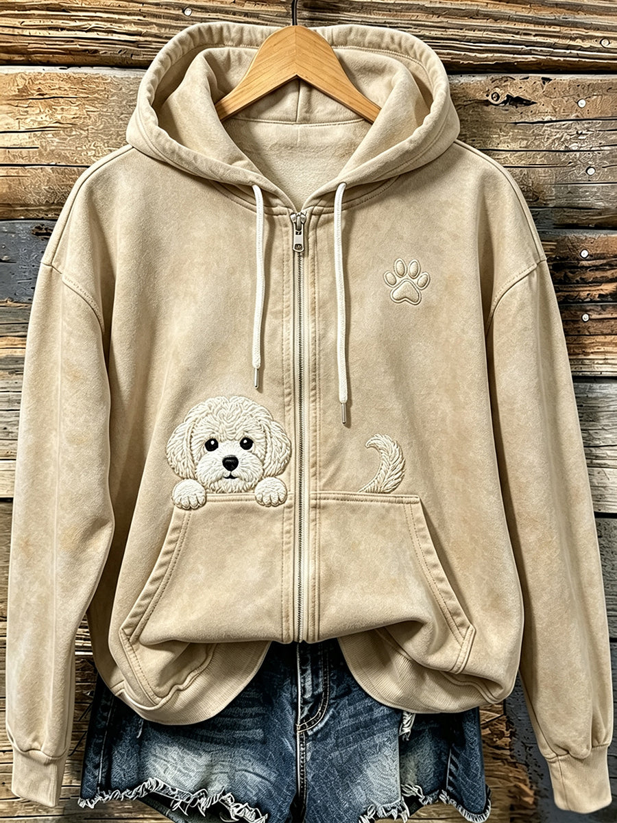 Women's Cute Peeking Bichon Frize with Paw Print Cozy Zip-Up Hoodie