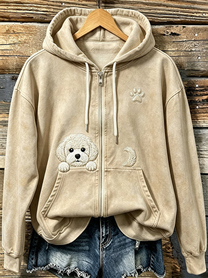Women's Cute Peeking Bichon Frize with Paw Print Cozy Zip-Up Hoodie