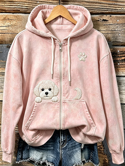 Women's Cute Peeking Bichon Frize with Paw Print Cozy Zip-Up Hoodie