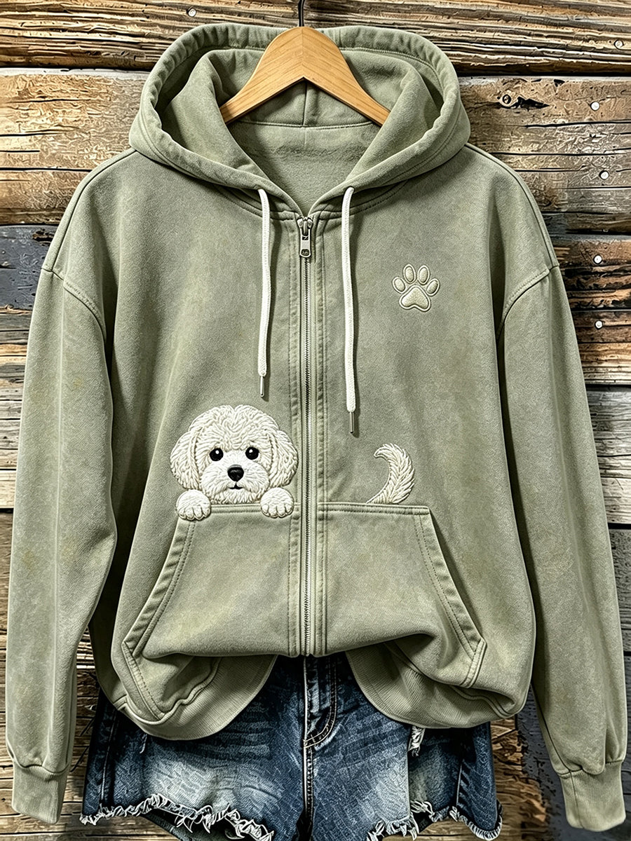 Women's Cute Peeking Bichon Frize with Paw Print Cozy Zip-Up Hoodie