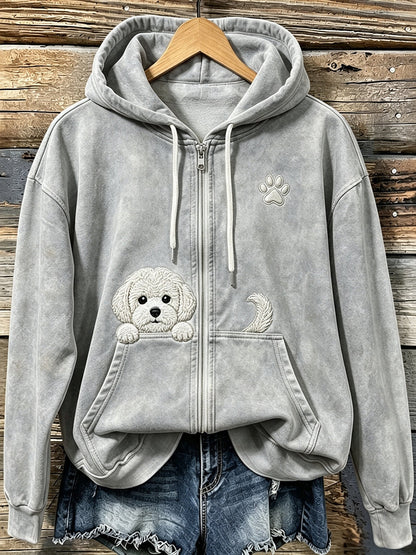 Women's Cute Peeking Bichon Frize with Paw Print Cozy Zip-Up Hoodie