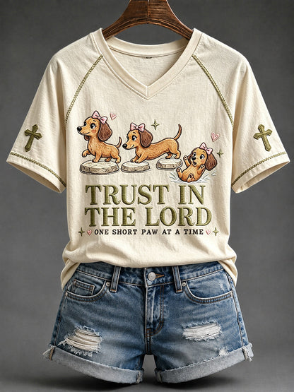 Women's Trust in the Lord Funny Christian Dachshund Print V-neck Short-sleeved T-shirt