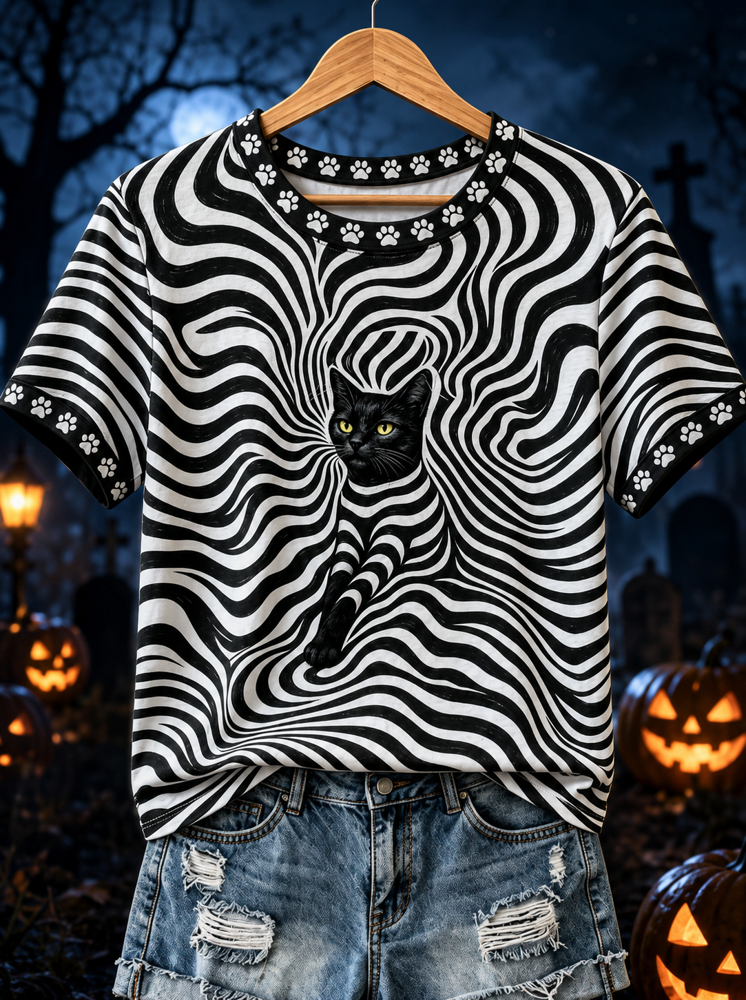 Women's Black Cat Stripes  T-shirt