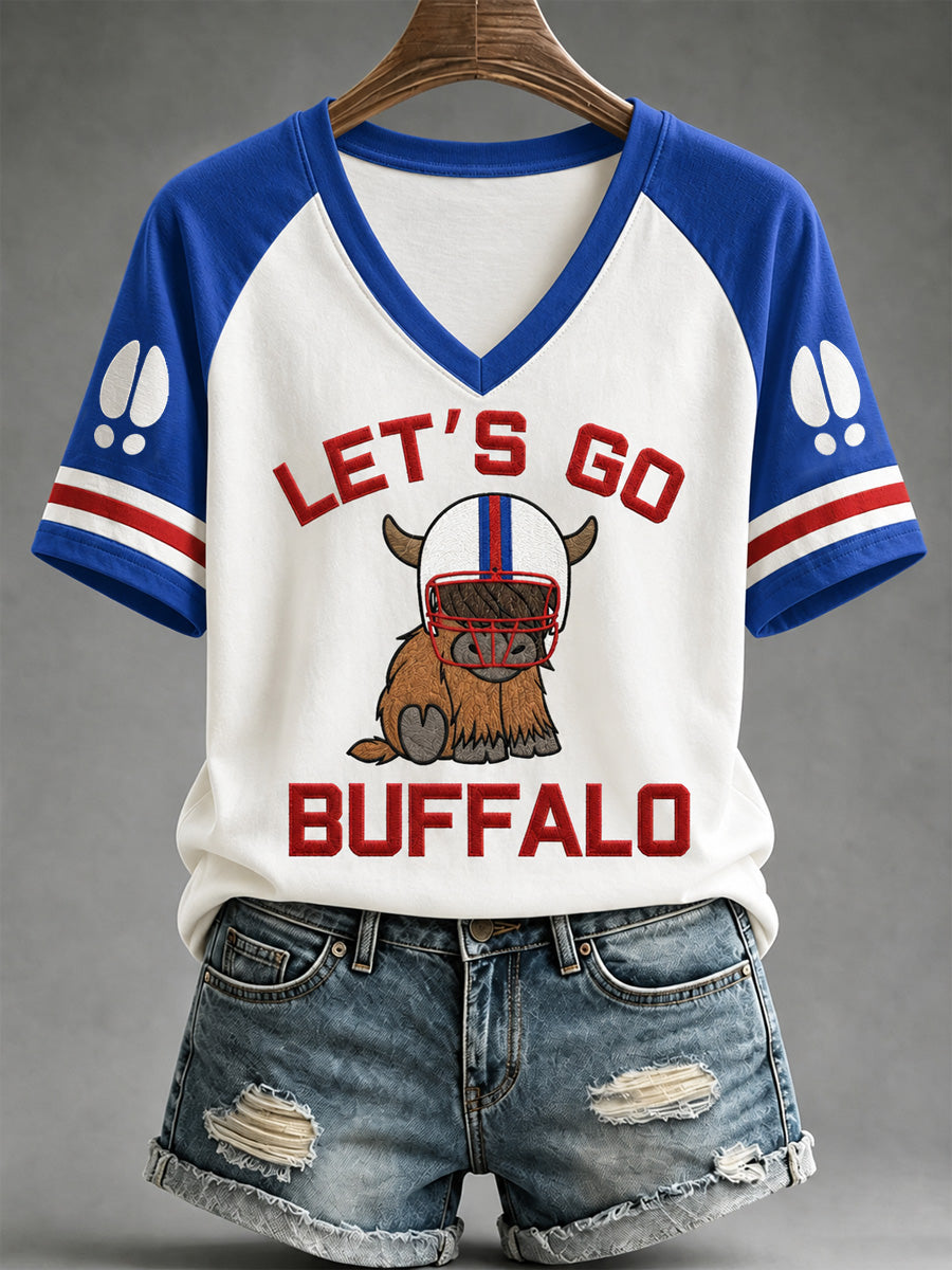 Women's Football Lover Buffalo Print Casual V-Neck Tee