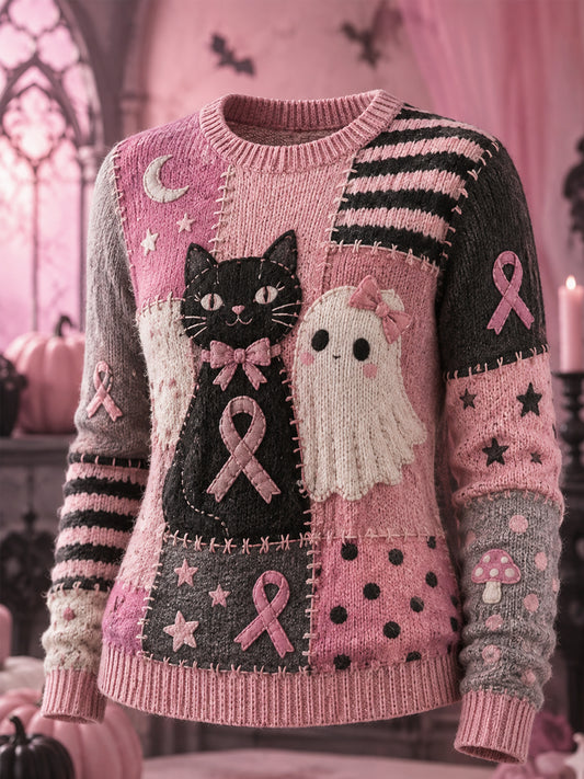 Women's Halloween Pink Ghost And Cat Pink Ribbon Print Breast Cancer Awareness Support Sweater