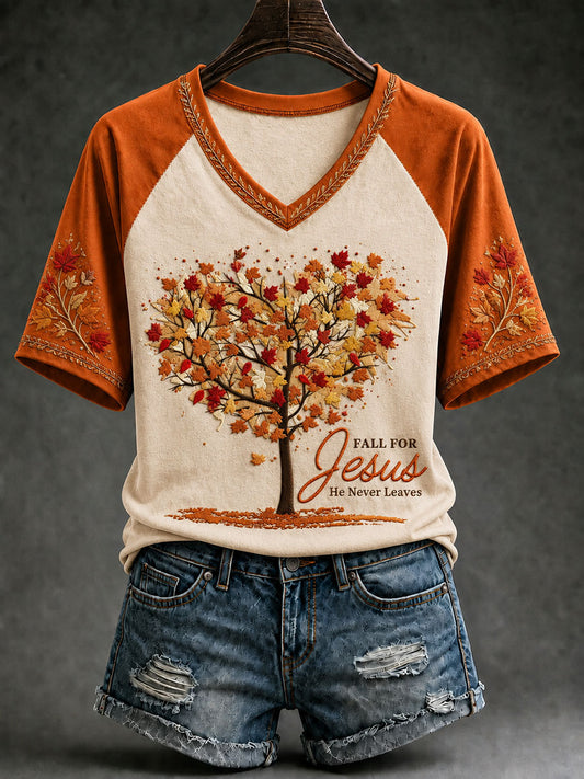 Women's Fall For Jesus He Never Leaves V-neck T-shirt