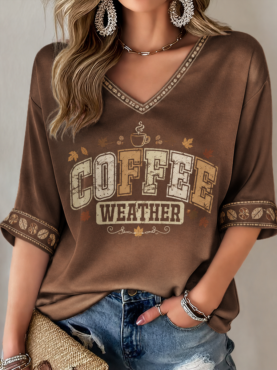 Women's Autumn Coffee Print Mid-length Sleeves V-Neck T-Shirt
