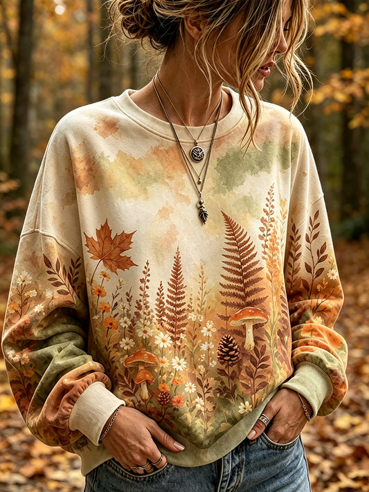 Women's Vintage Fall Watercolor Art Printed Casual Sweatshirt