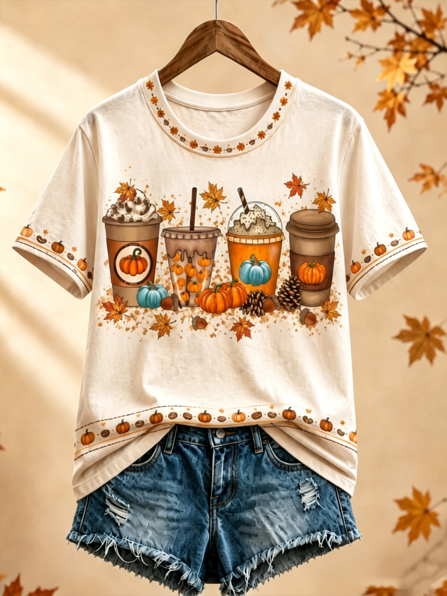 Women's Autumn Coffee Print short-sleeved T-shirt