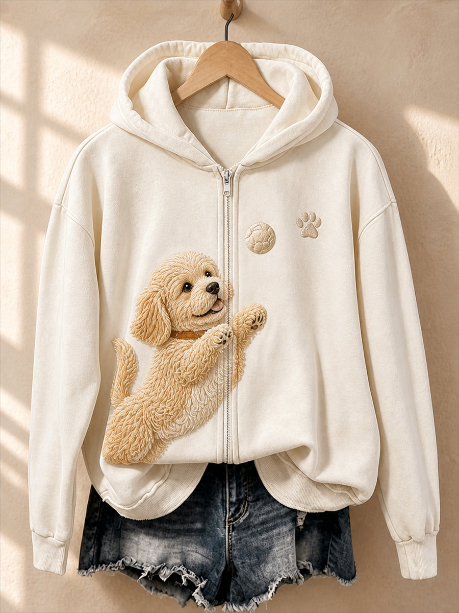 Retro Animal Art Print Casual Zip-Up Hoodie