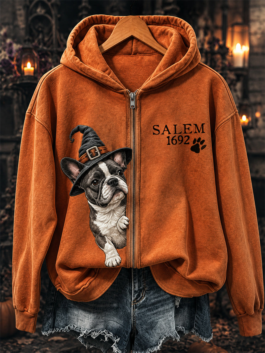 Women's Salem 1692 Peeking French Bulldog Witch Print Full Zip Hoodie