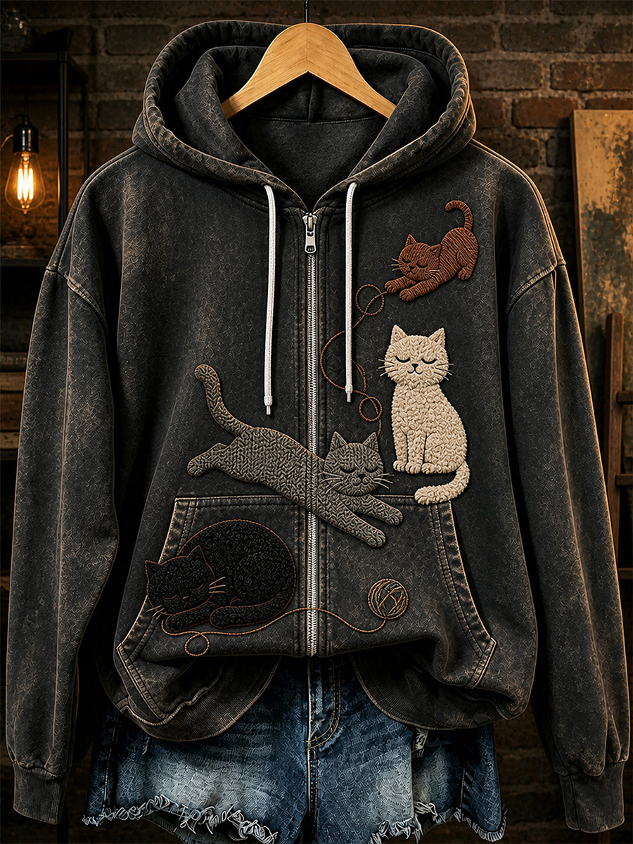 Retro Animal Art Print Casual Zip-Up Hoodie