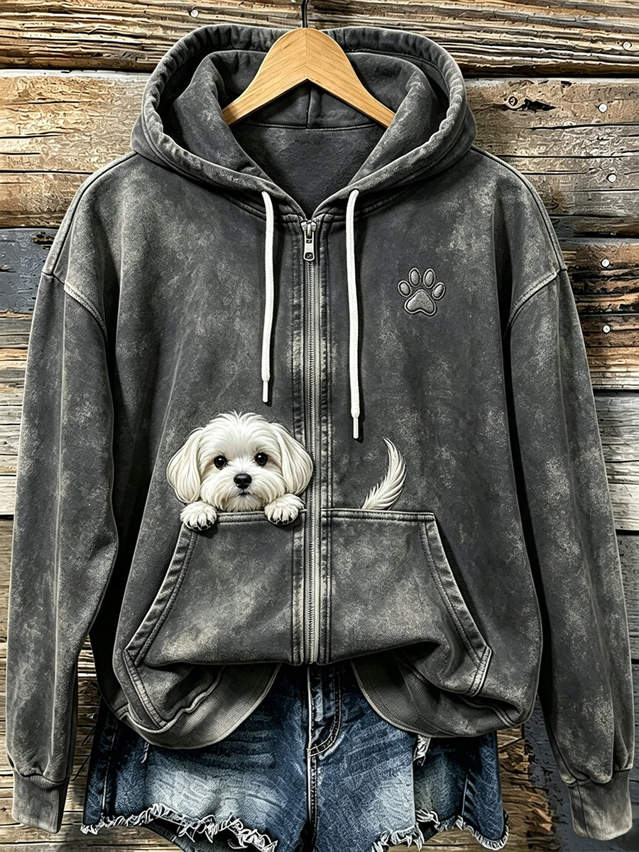 Women's Cute Peeking Maltese Dog with Paw Print Cozy Zip-Up Hoodie