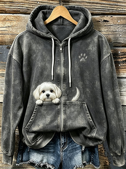 Women's Cute Peeking Maltese Dog with Paw Print Cozy Zip-Up Hoodie