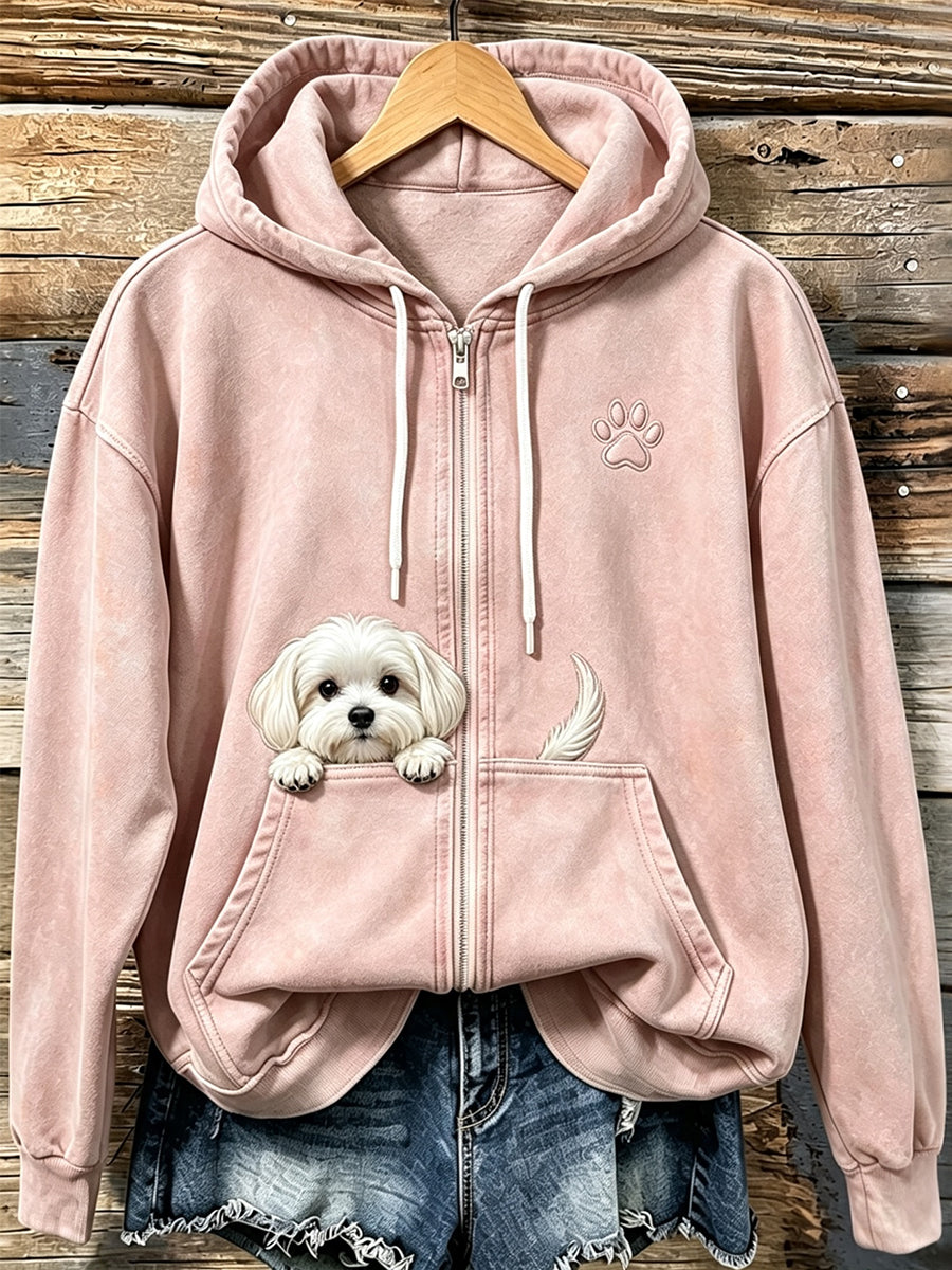Women's Cute Peeking Maltese Dog with Paw Print Cozy Zip-Up Hoodie