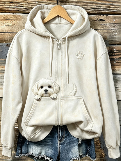 Women's Cute Peeking Maltese Dog with Paw Print Cozy Zip-Up Hoodie