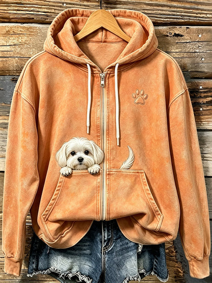 Women's Cute Peeking Maltese Dog with Paw Print Cozy Zip-Up Hoodie