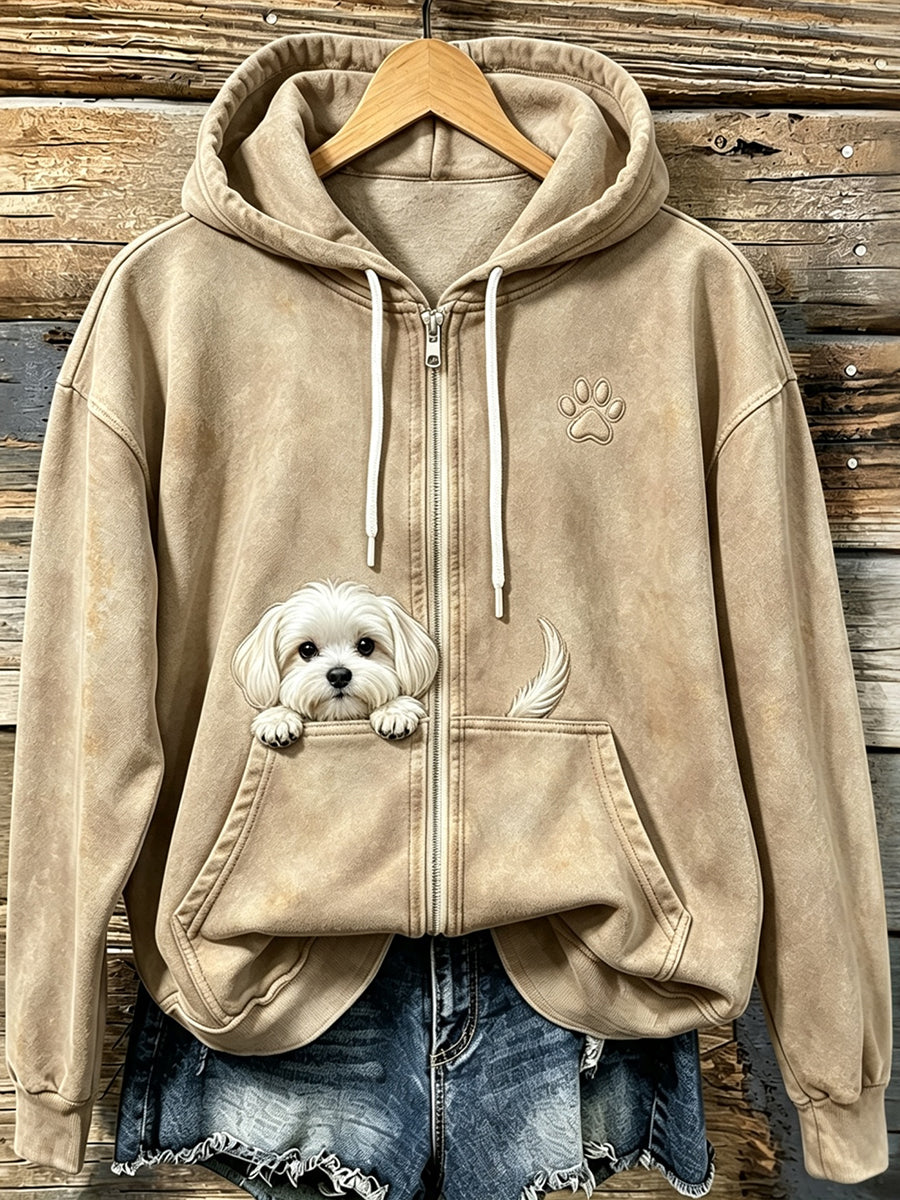 Women's Cute Peeking Maltese Dog with Paw Print Cozy Zip-Up Hoodie