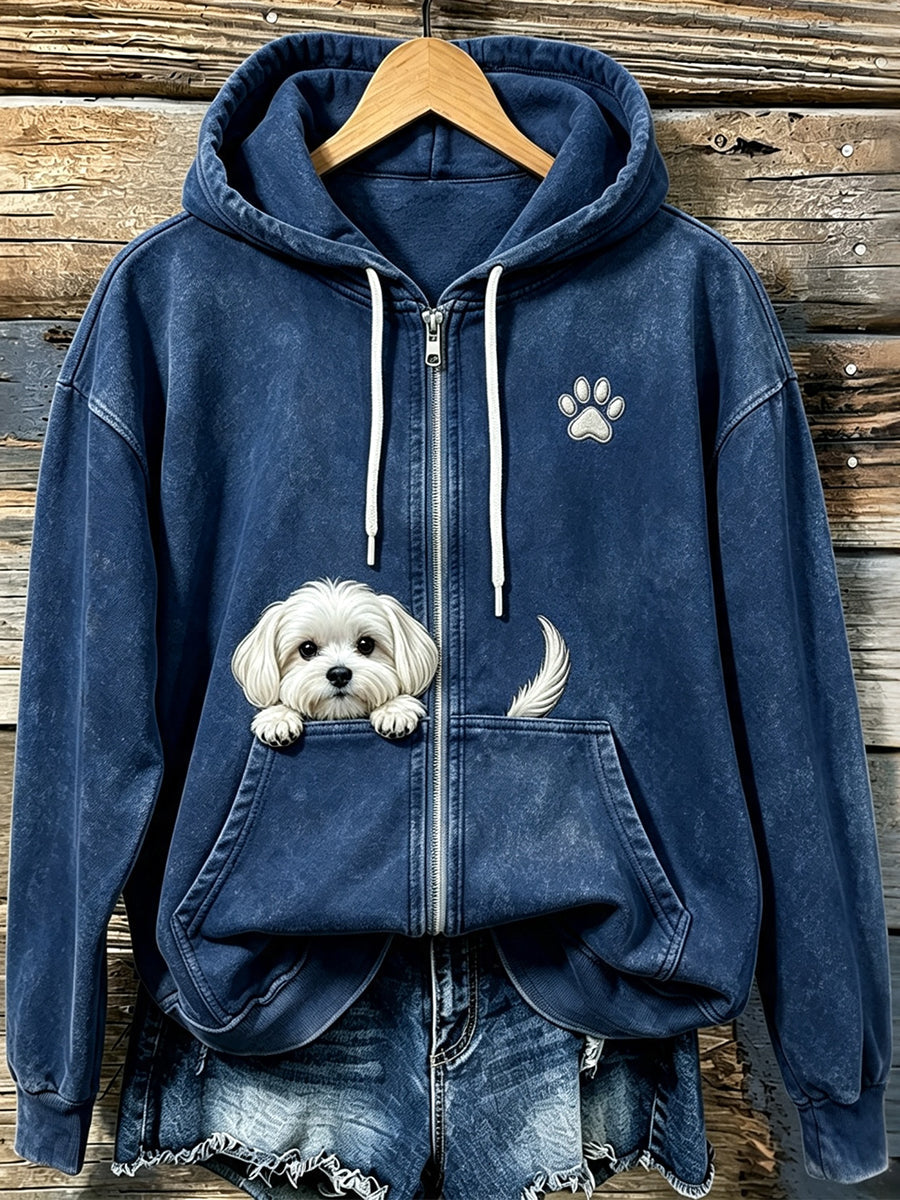 Women's Cute Peeking Maltese Dog with Paw Print Cozy Zip-Up Hoodie