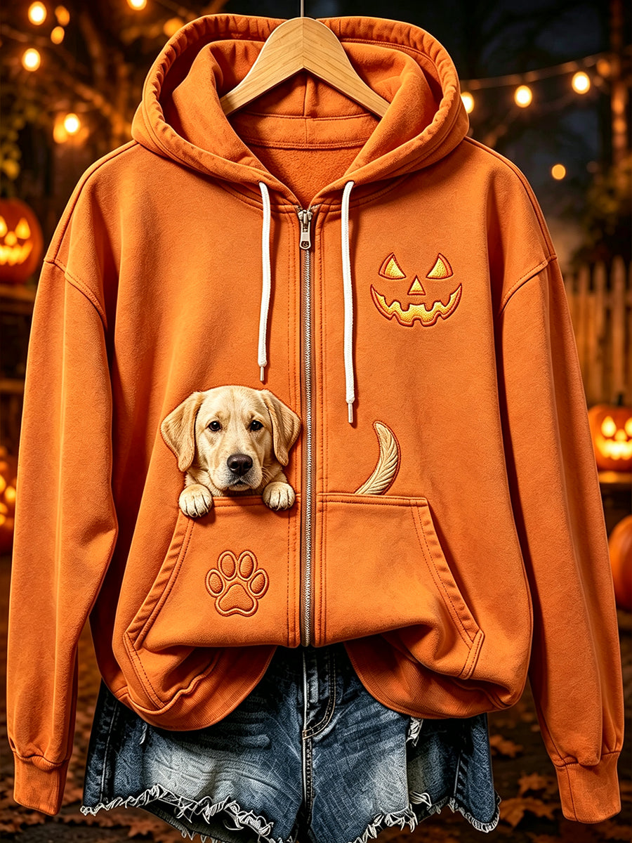 Women's Halloween Peeking Labrador Retriever Print Zip-Up Hoodie