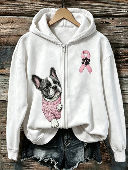 Women's Peeking French Bulldog Pink Ribbon Breast Cancer Awareness Full Zip Hoodie
