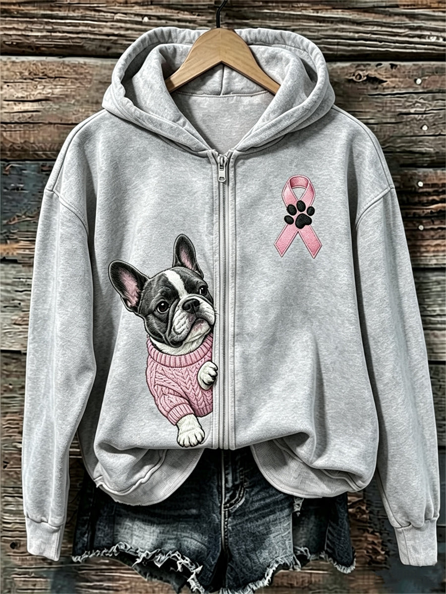 Women's Peeking French Bulldog Pink Ribbon Breast Cancer Awareness Full Zip Hoodie