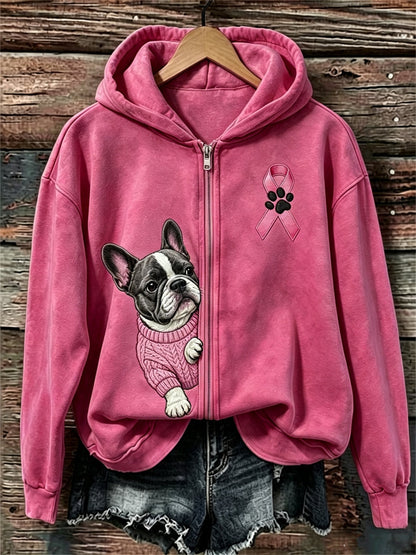 Women's Peeking French Bulldog Pink Ribbon Breast Cancer Awareness Full Zip Hoodie