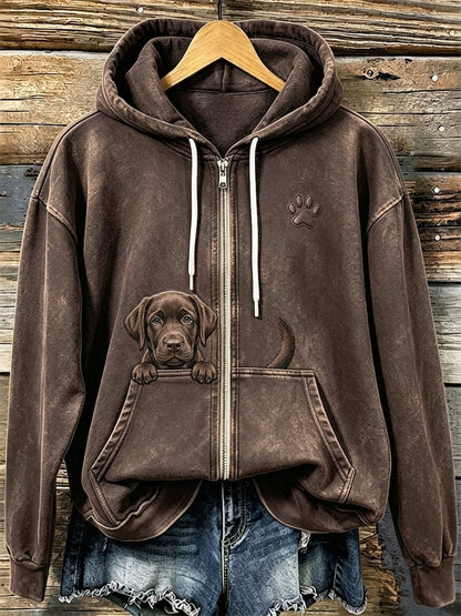 Women's Chocolate Labrador & Paw Print Cozy Zip-Up Hoodie