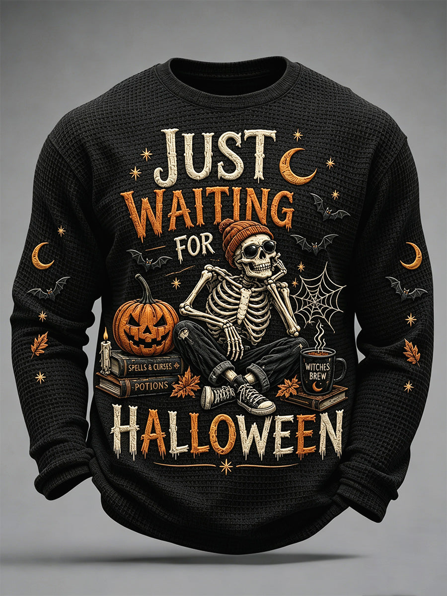 Men's Just Waiting For Halloween Print Casual Waffle Long Sleeve Top