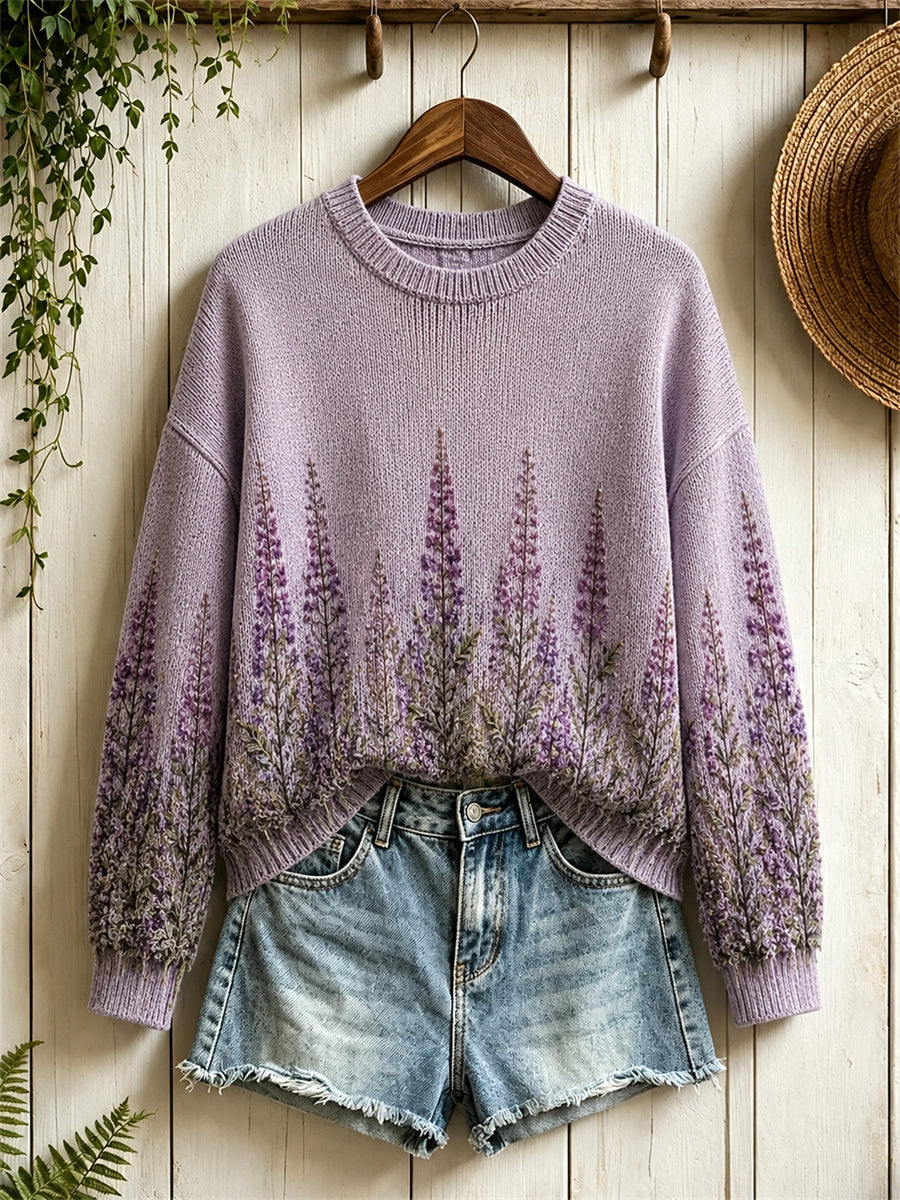 Women's Vintage Forest Lavender Floral Print crew neck sweater