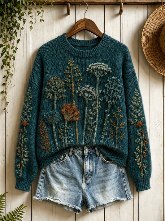 Women's Vintage Forest Fern Floral Print crew neck sweater