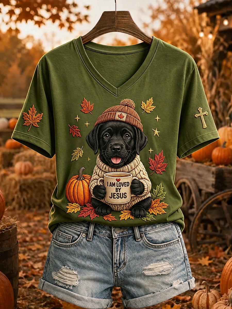 Women's Jesus Loves Black Labrador Retriever Fall Leaves Print Short-sleeved T-shirt