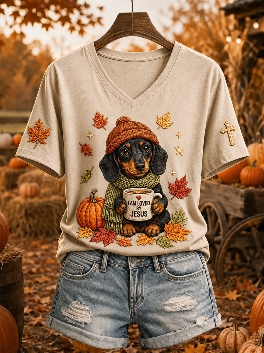 Women's Jesus Loves Dachshund Fall Leaves Print Short-sleeved T-shirt