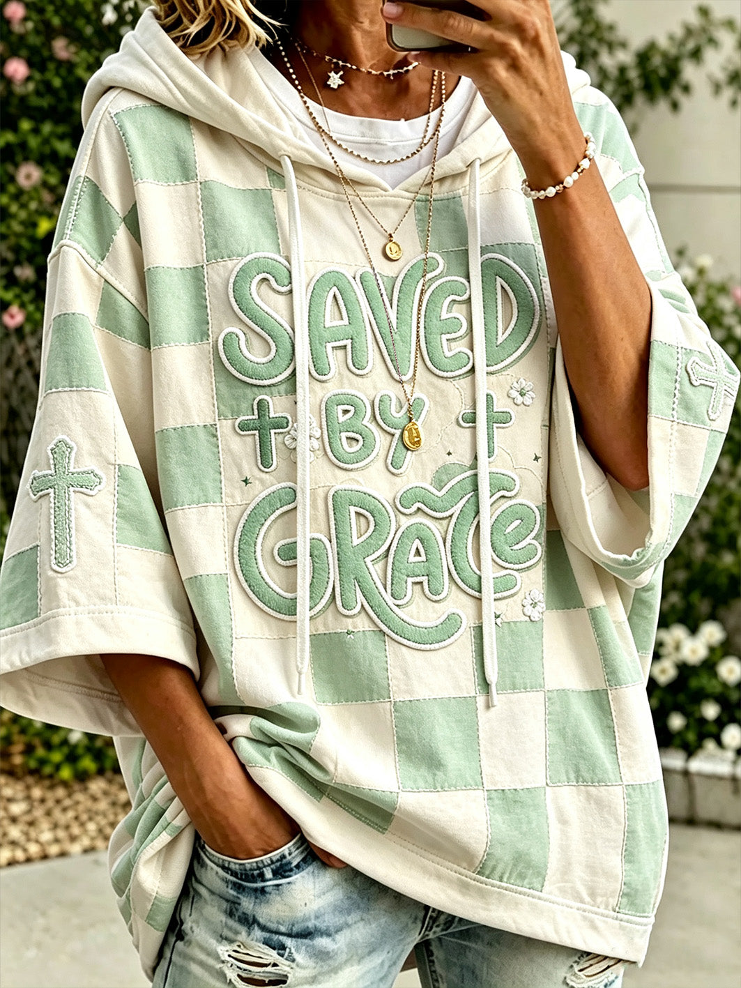 Women's faith-themed color-blocked design casual hoodie
