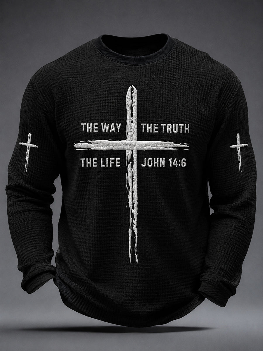 Men's Jesus The Way The Truth The Life John 14:6 Cross Graphic Waffle Long Sleeve T-Shirt