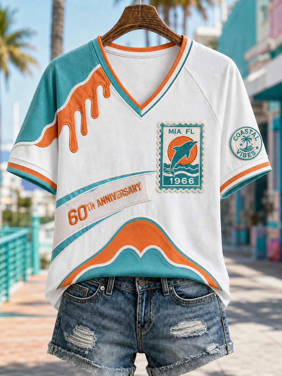 Women's Miami Dolphins V-Neck Off-Shoulder Short-Sleeved T-Shirt